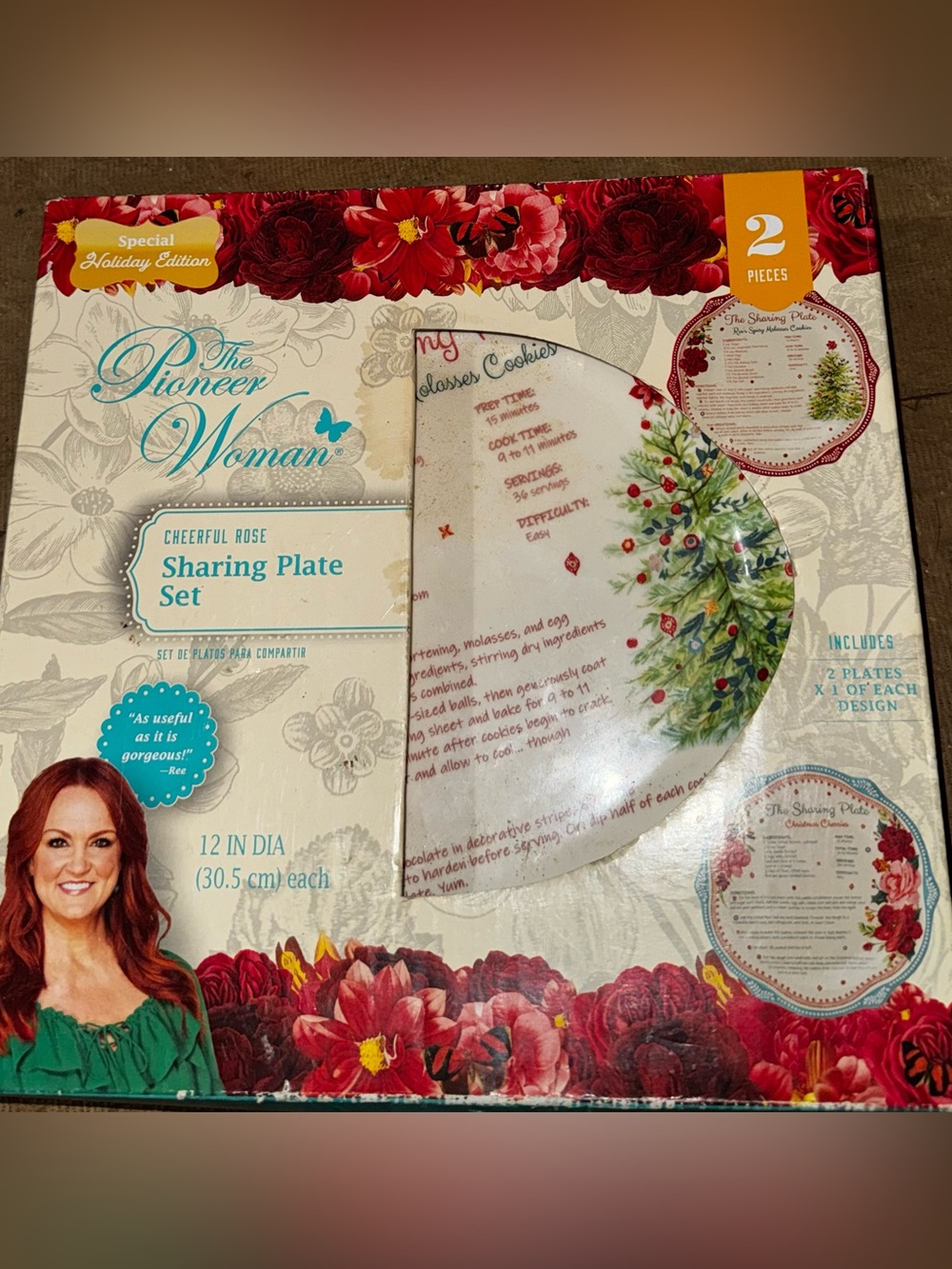 The Pioneer Woman White Plate Set with Red Floral and Green Tree Accents